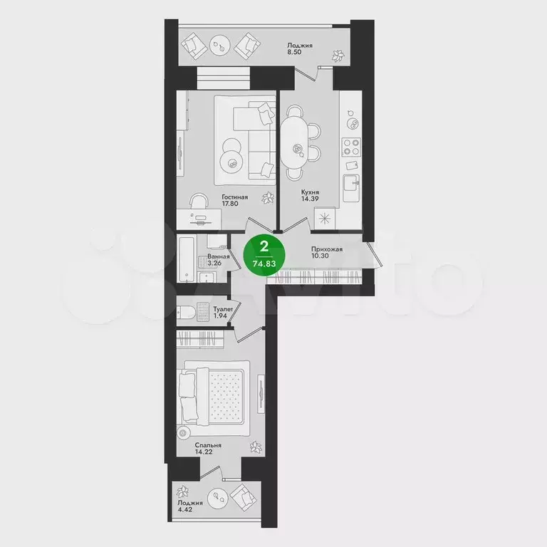 2-к. квартира, 74,8 м, 8/9 эт. - Фото 0