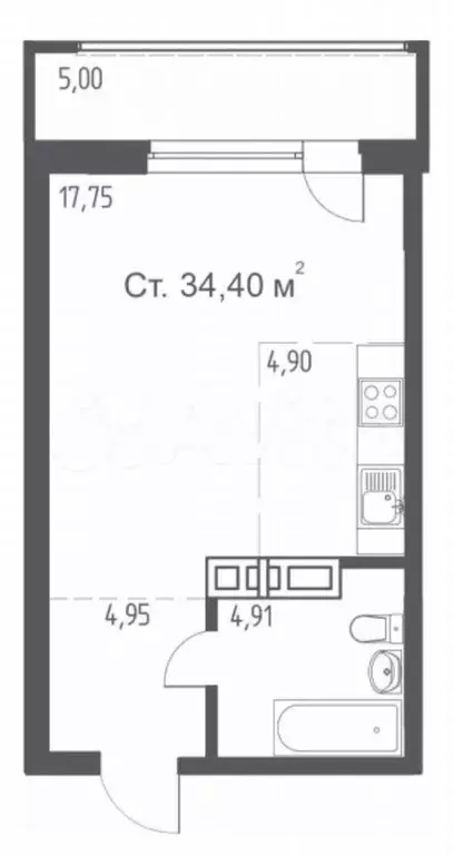 Квартира-студия, 32,9 м, 5/25 эт. - Фото 0