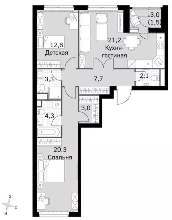 3-к кв. Москва Строительный проезд, 9к1 (76.0 м) - Фото 1