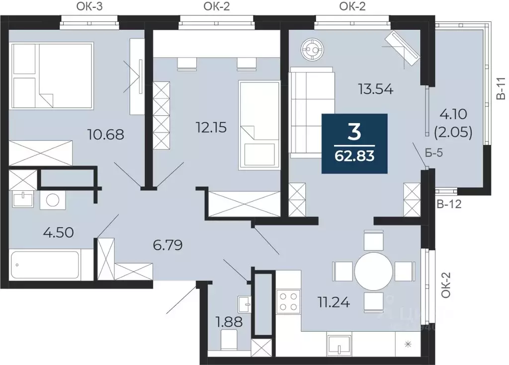 3-к кв. Тюменская область, Тюмень ул. Фармана Салманова, 22 (62.83 м) - Фото 0