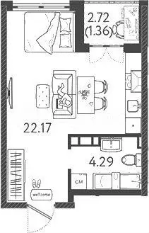 Квартира-студия, 27,8 м, 3/9 эт. - Фото 1
