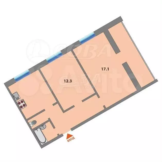 2-к. квартира, 50,7 м, 5/9 эт. - Фото 0