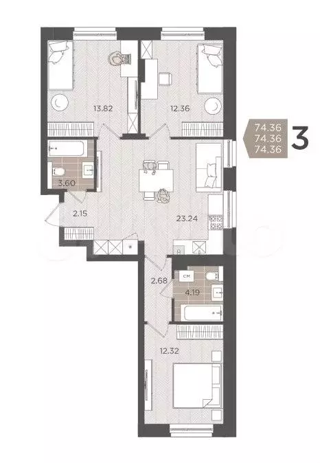 3-к. квартира, 74,4 м, 1/9 эт. - Фото 1