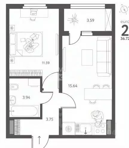 1-к кв. Липецкая область, Липецк ул. Перова, 1 (36.72 м) - Фото 2