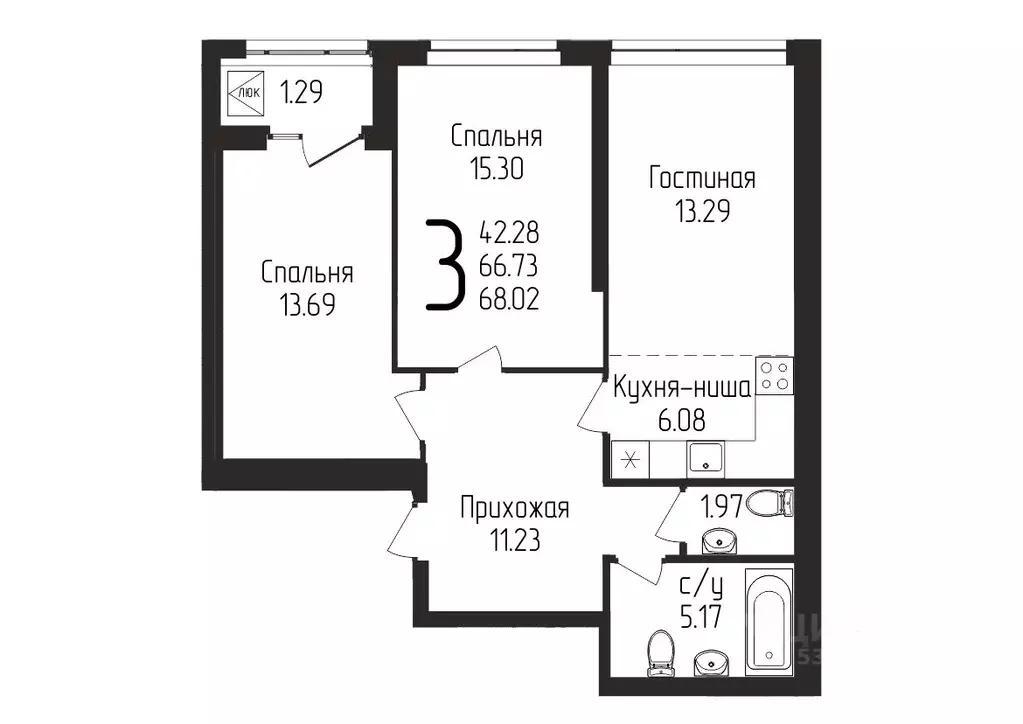 3-к кв. Башкортостан, Уфа ул. Бородинская, 19 (68.02 м) - Фото 0