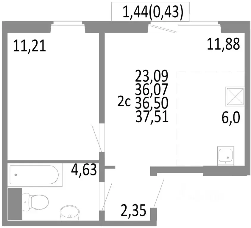 2-к кв. Челябинская область, Челябинск ул. Блюхера, 125В (36.5 м) - Фото 0