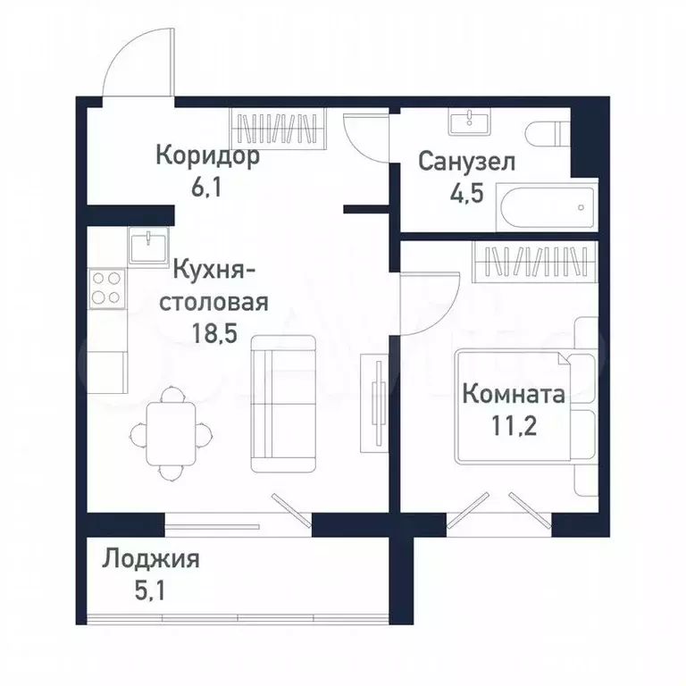 1-к. квартира, 40,3м, 8/10эт. - Фото 0