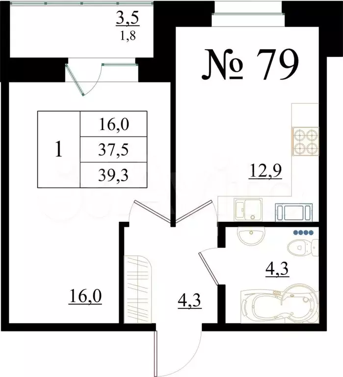 1-к. квартира, 39,3 м, 8/8 эт. - Фото 0