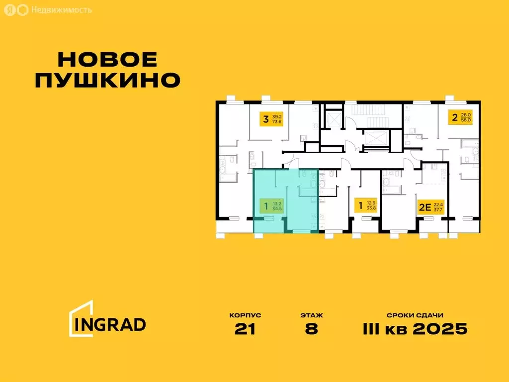 1-комнатная квартира: Пушкино, микрорайон Новое Пушкино, к21 (34.45 м) - Фото 1