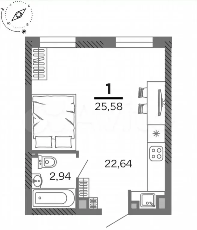 1-к. квартира, 25,6 м, 7/25 эт. - Фото 1