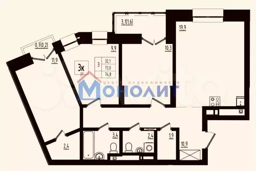 3-к. квартира, 74,8 м, 2/12 эт. - Фото 1