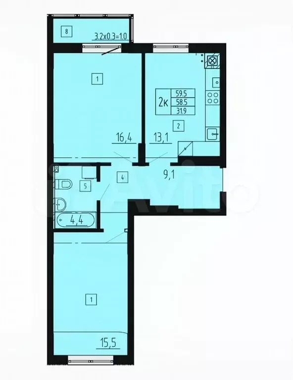 2-к. квартира, 59,5 м, 4/8 эт. - Фото 1