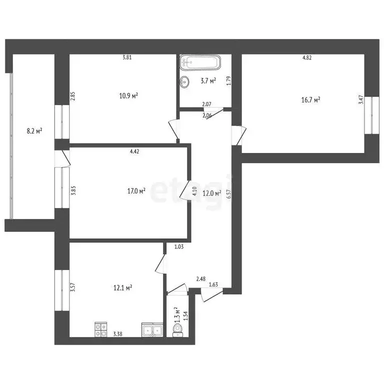 3-комнатная квартира: Тюмень, улица Станислава Карнацевича, 14к1 (74.1 ... - Фото 1