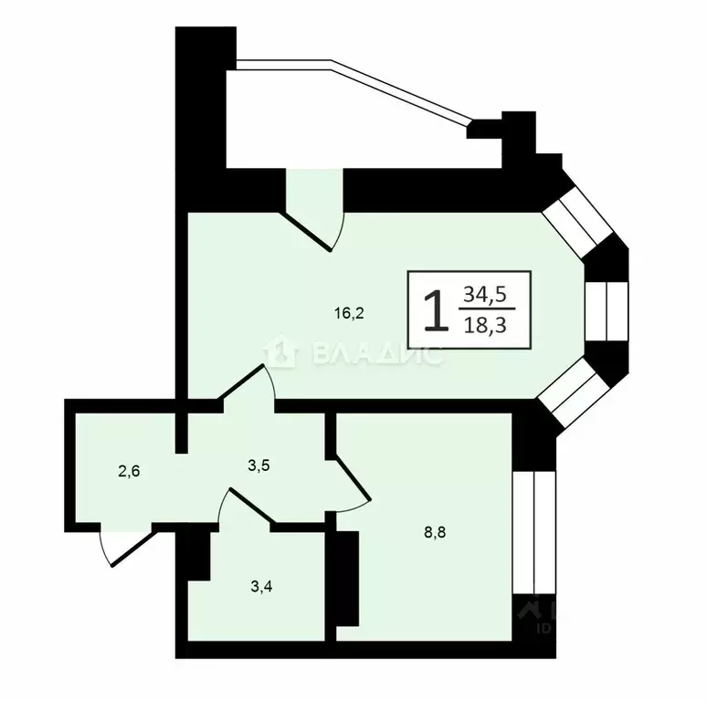 1-к кв. Владимирская область, Владимир Студенческая ул., 16Б (34.6 м) - Фото 2