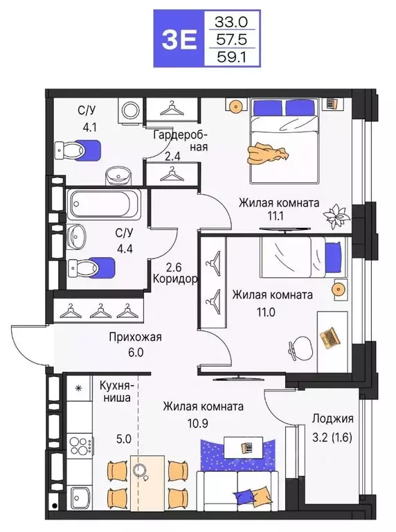 3-к кв. Пермский край, Пермь ул. Карла Модераха, 7 (59.1 м) - Фото 1