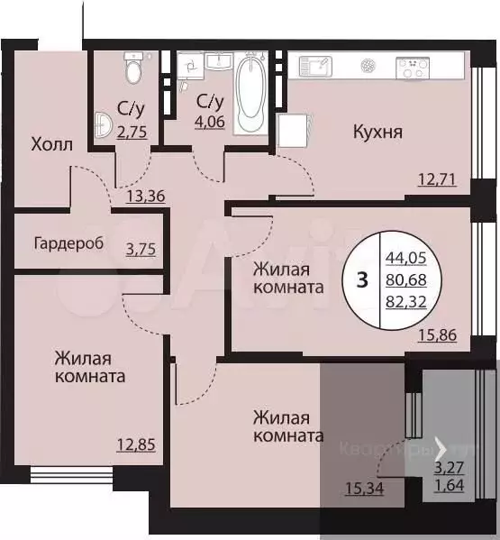 3-к. квартира, 82,3 м, 13/24 эт. - Фото 0
