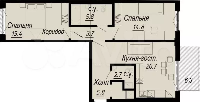 2-к. квартира, 70,7м, 3/8эт. - Фото 0