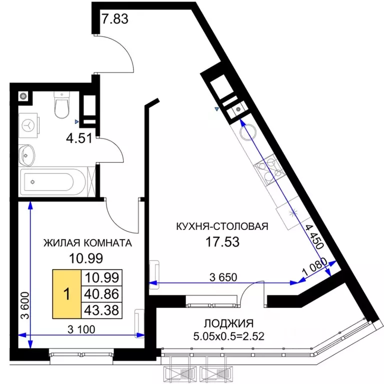 1-к кв. Краснодарский край, Краснодар Фонтаны жилой комплекс (43.38 м) - Фото 1