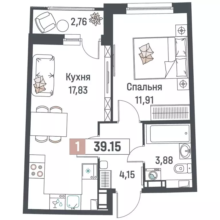 1-комнатная квартира: Мурино, жилой комплекс Авиатор (39.15 м) - Фото 1