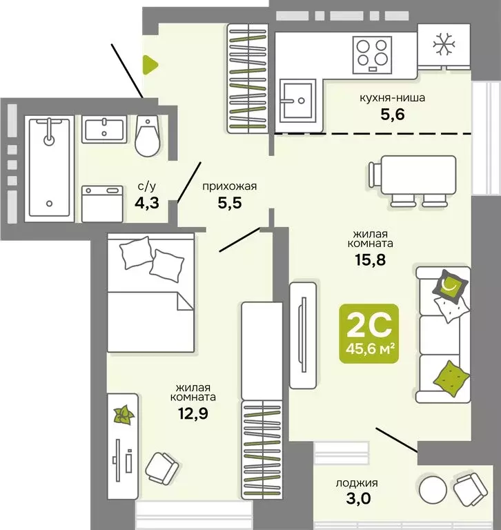 2-комнатная квартира: Новосибирск, улица Костычева, 17 (45.6 м) - Фото 1