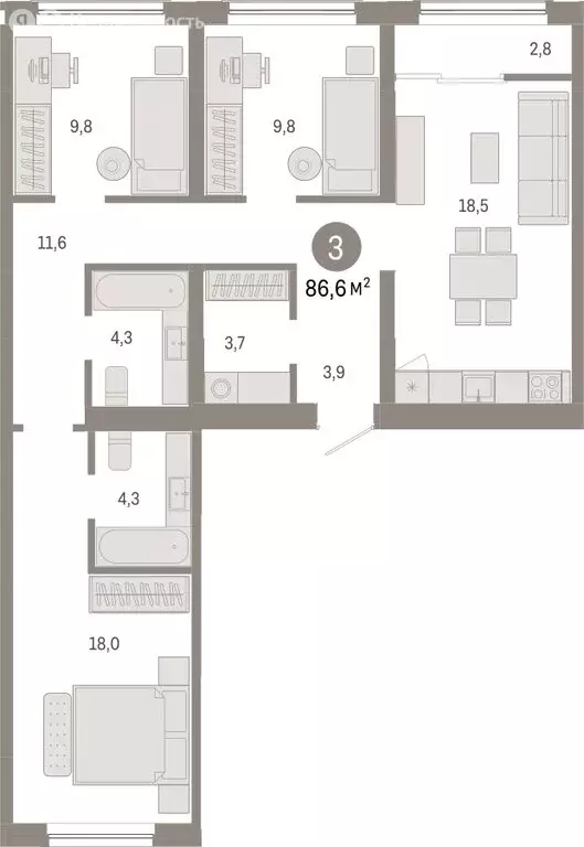 3-комнатная квартира: Новосибирск, Большевистская улица, с49 (86.6 м) - Фото 1