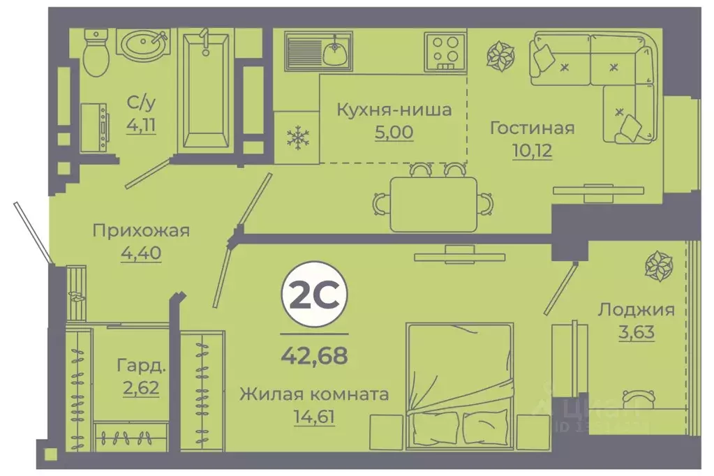 2-к кв. Ростовская область, Ростов-на-Дону ул. Еременко, 113 (42.38 м) - Фото 1