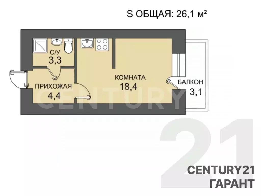 Студия Санкт-Петербург Южно-Приморский муниципальный округ,  (26.2 м) - Фото 1