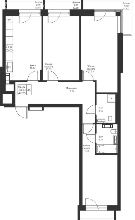 3-комнатная квартира: Казань, ЖК Мой Ритм (86.33 м) - Фото 1
