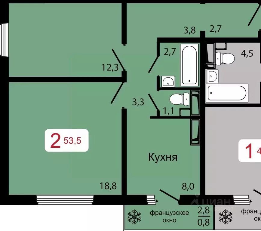 2-к кв. Красноярский край, Красноярск ул. Калинина (53.5 м) - Фото 1