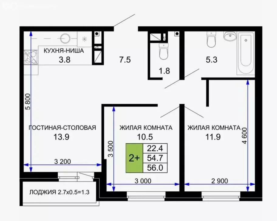2-комнатная квартира: Краснодар, улица Лётчика Позднякова, 2к16 (55 м) - Фото 0