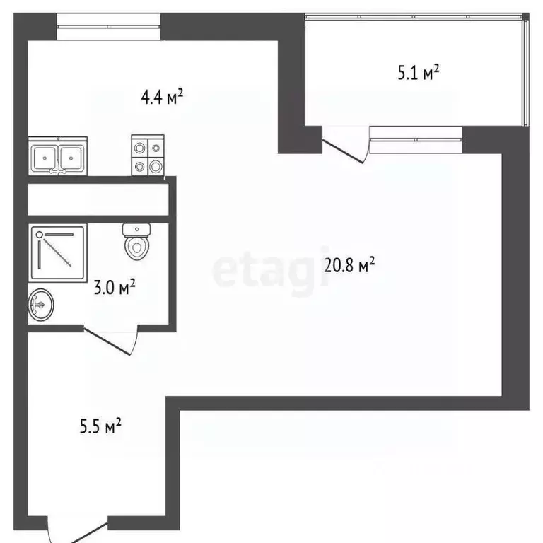 Студия Тюменская область, Тюмень Дамбовская ул., 29к1 (33.8 м) - Фото 1