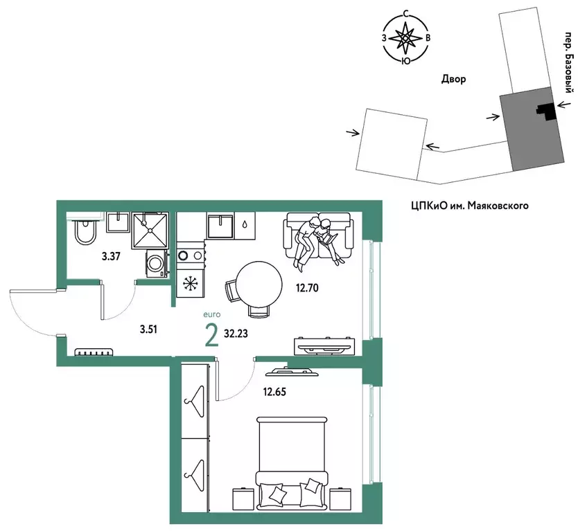 2-к кв. Свердловская область, Екатеринбург пер. Базовый, 10 (32.23 м) - Фото 1