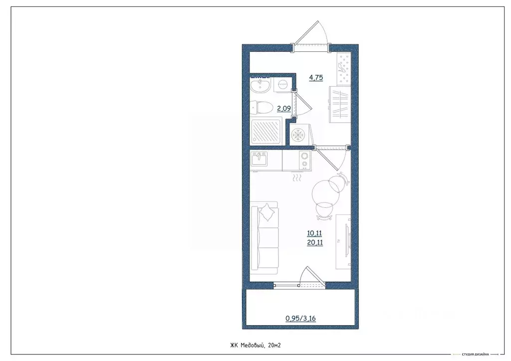 Студия Тверская область, Тверь ул. Медовая, 9к4 (20.0 м) - Фото 2