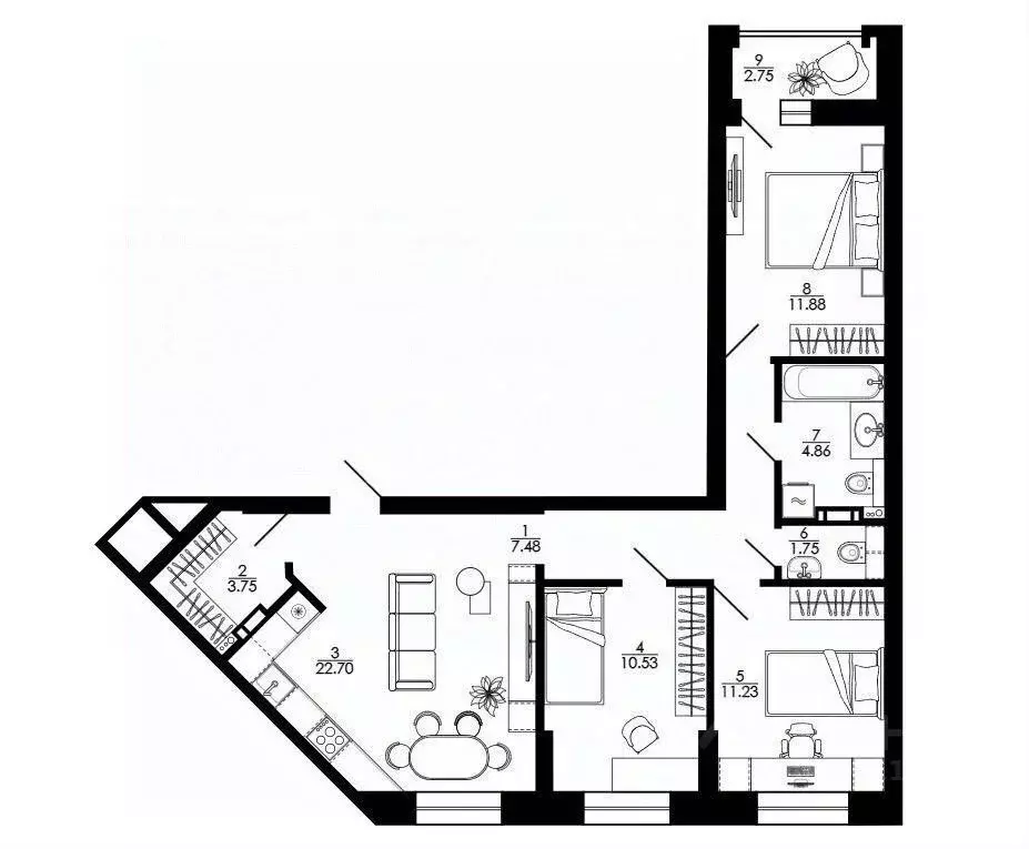 3-к кв. Липецкая область, Липецк ул. Е.И. Замятина, 4 (78.8 м) - Фото 2