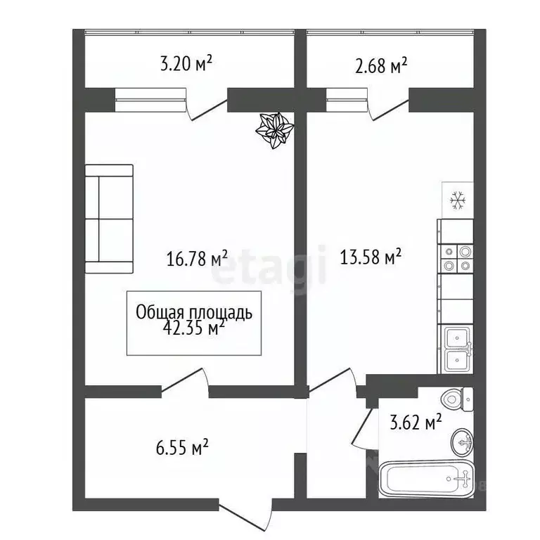 1-к кв. Новосибирская область, Новосибирск ул. Фадеева, 66/5 (42.4 м) - Фото 1