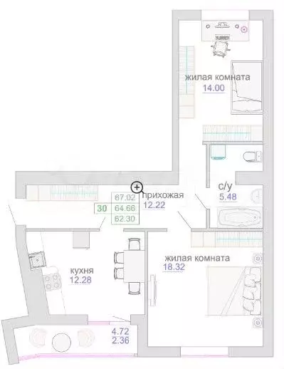 2-к. квартира, 65,5 м, 8/9 эт. - Фото 1