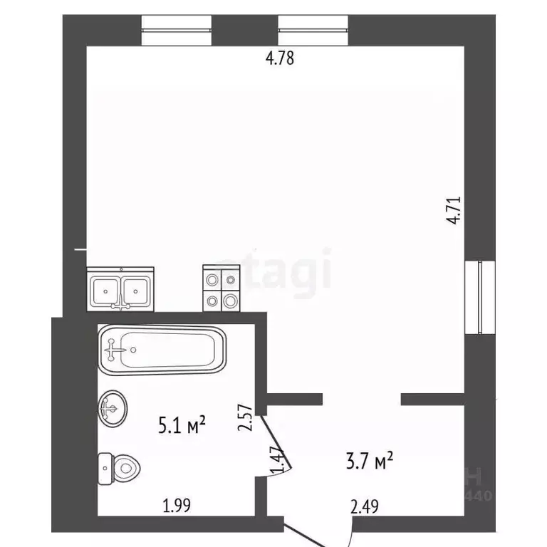 Студия Тюменская область, Тюмень ул. Республики, 204к5 (28.7 м) - Фото 2