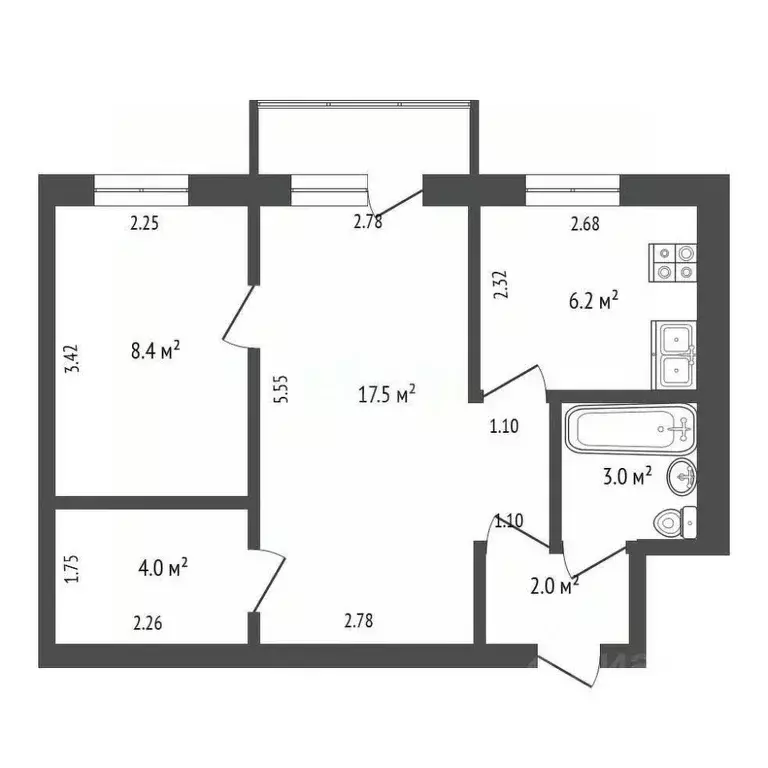 2-к кв. Башкортостан, Стерлитамак ул. Карла Маркса, 102 (42.0 м) - Фото 2