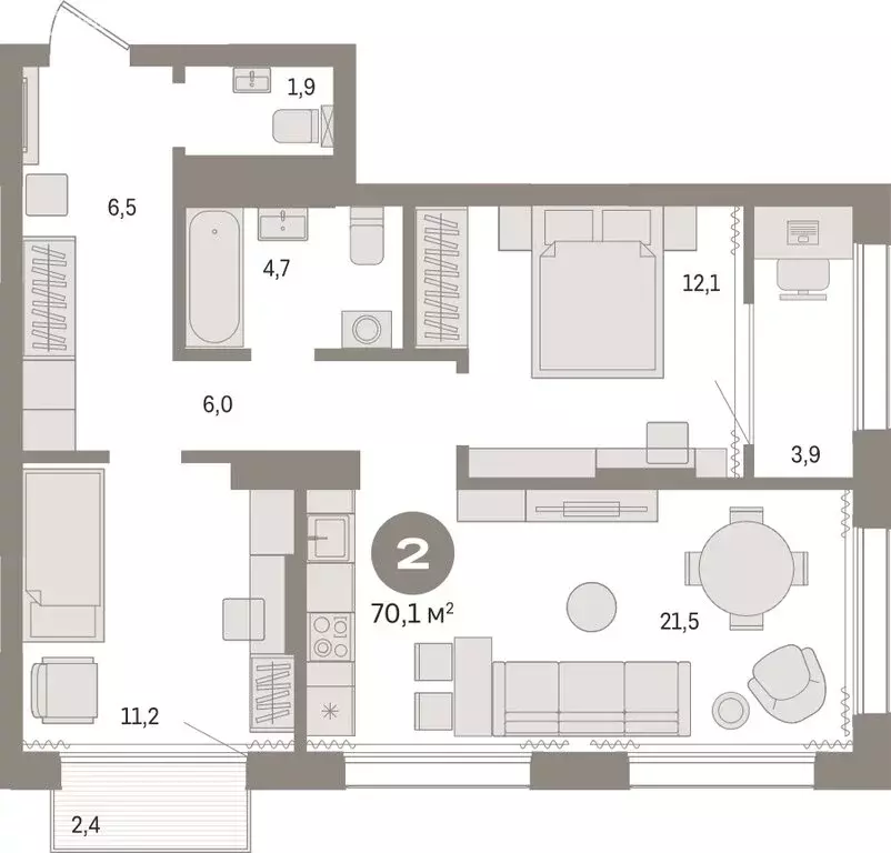 2-комнатная квартира: Тюмень, Краснооктябрьская улица, 4к3 (70.09 м) - Фото 1