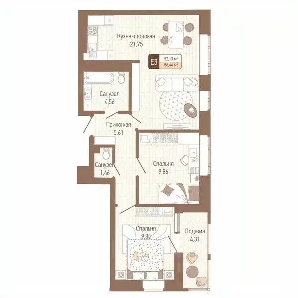 2-к кв. Тульская область, Тула проезд 2-й Клинской, 10 (54.27 м) - Фото 1