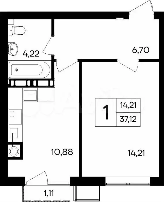 1-к. квартира, 37,1м, 4/8эт. - Фото 0