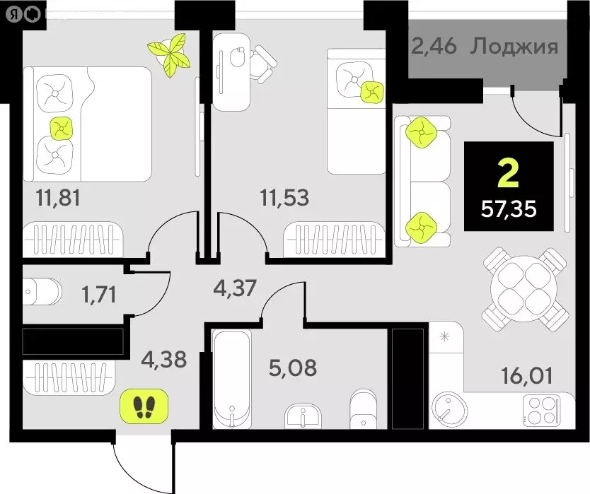 2-комнатная квартира: Тюмень, улица Пожарных и Спасателей, 8 (57.35 м) - Фото 0