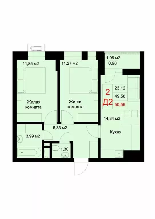 2-комнатная квартира: Казань, улица Рауиса Гареева, 78Б (50.56 м) - Фото 0