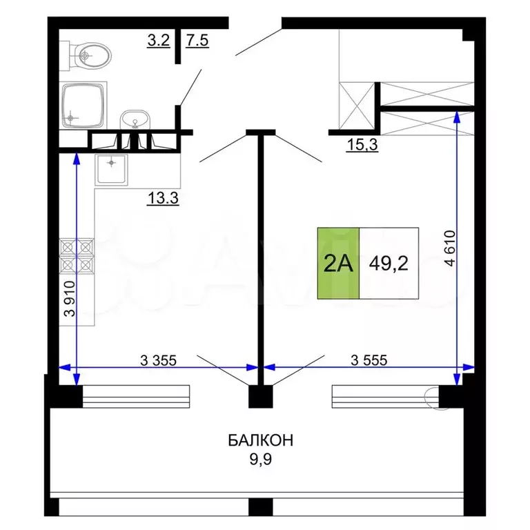 2-к. квартира, 49,2 м, 2/9 эт. - Фото 0