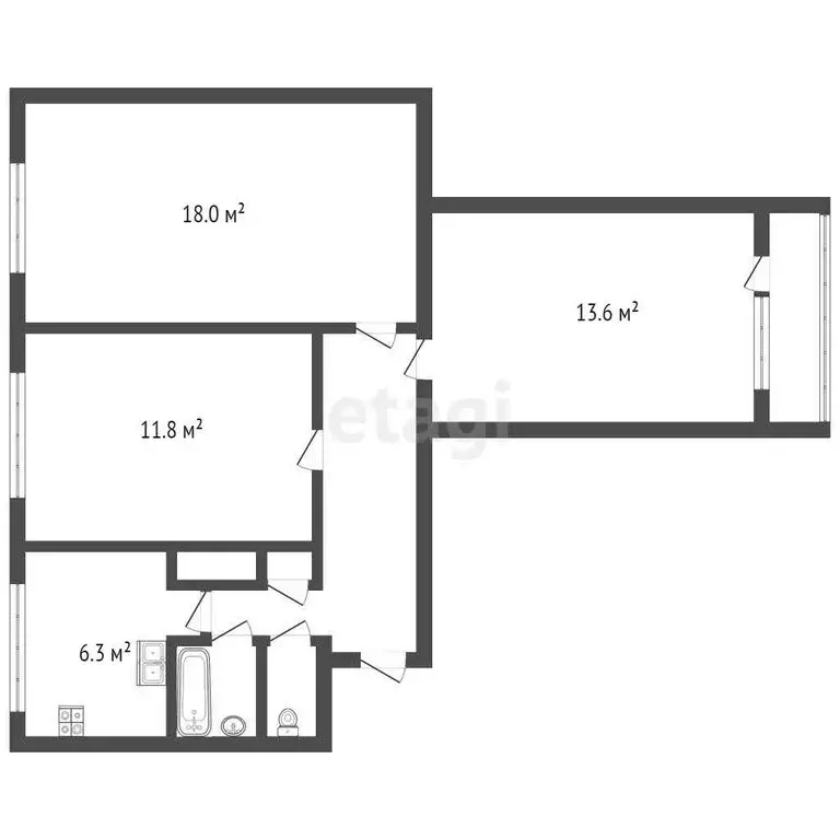 1к в 3-комнатной квартире (17.6 м) - Фото 1