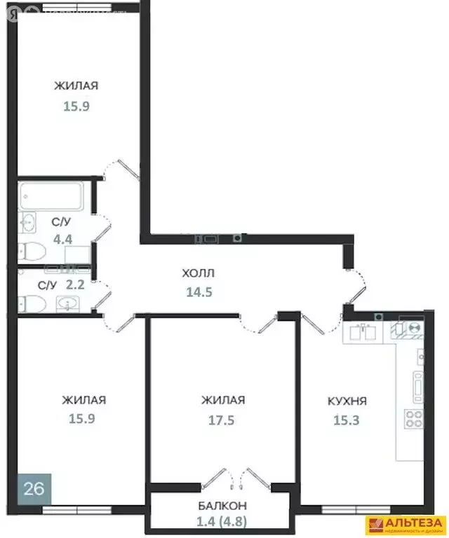 3-комнатная квартира: Балтийск, Московская улица, 16Ак2 (89 м) - Фото 1