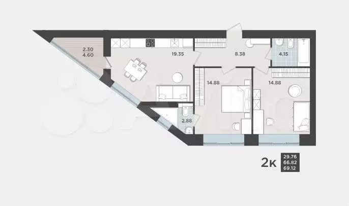 2-к. квартира, 69,1 м, 1/9 эт. - Фото 1