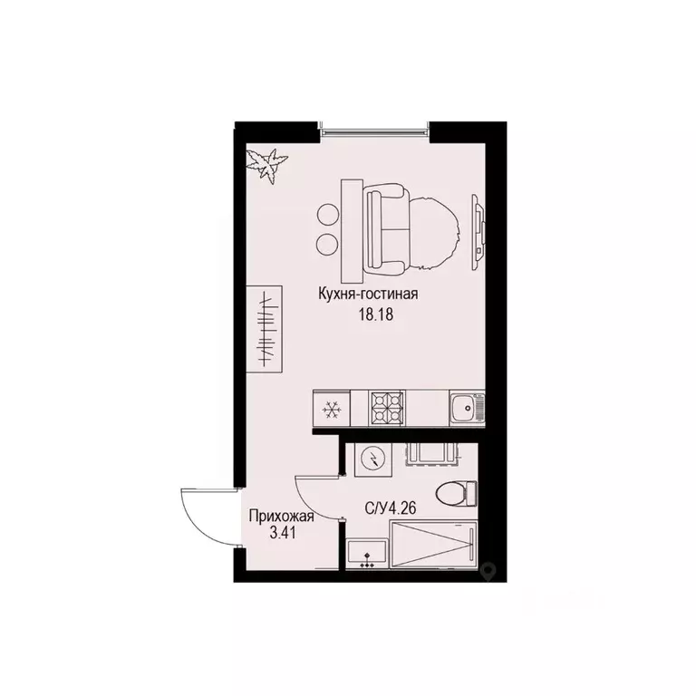 Студия Санкт-Петербург ул. Профессора Попова, 38 (25.85 м) - Фото 1