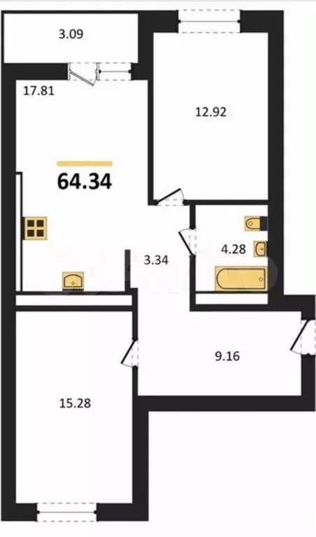2-к. квартира, 64,3 м, 6/9 эт. - Фото 1