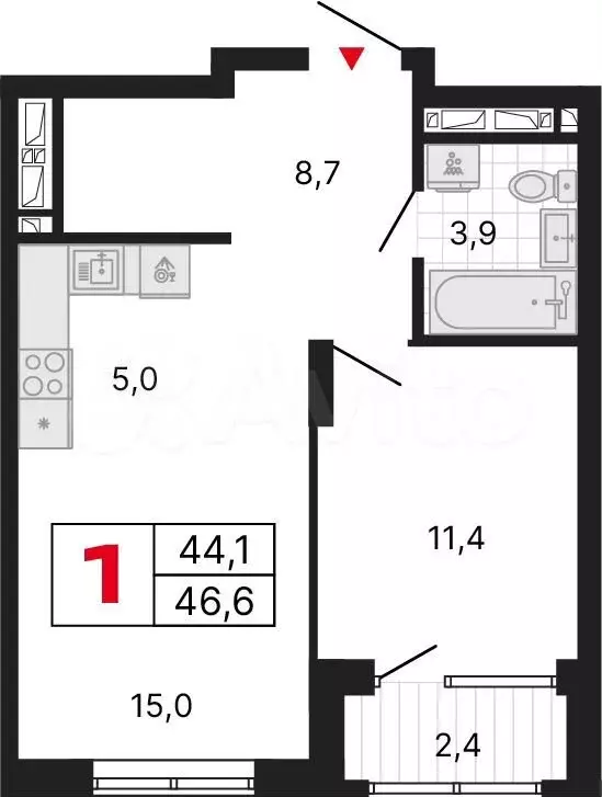 1-к. квартира, 46,6 м, 17/25 эт. - Фото 0